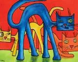 Gatti stilizzati in blu, giallo e arancione su sfondo rosso e verde. I colori complementari creano un effetto vibrante e giocoso.