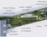 Wizualizacja ogrodu z podziałem na strefy: wejściową, tarasową, basenową, trawnik, plac zabaw, saunę i domek narzędziowy.