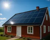 Rött hus med solpaneler på taket, som har en 45 graders lutning. Solen skiner från en klarblå himmel.