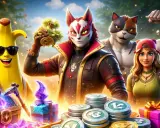 Postacie z Fortnite, banan w okularach, lis w masce i kot, trzymają monety i prezenty. Szukasz kodów do Fortnite na V-dolce?