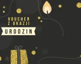 Elegancki tekst na voucher urodzinowy z błyszczącymi złotymi elementami, prezentem i płomieniem świecy.
