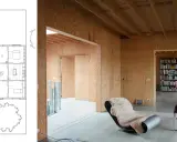 Plano de casa con paredes de madera y un sillón acogedor, ideal para un flex living.