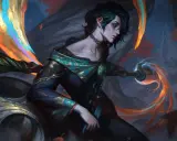 Hwei z League of Legends, artysta tworzący magią kolorów, otoczony jesiennymi liśćmi i płomieniami.