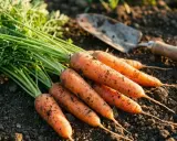 Carottes fraîchement récoltées sur la terre, prêtes pour la prochaine saison. Savoir quand semer les carottes est essentiel pour de beaux légumes.