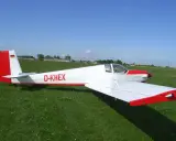 Ein weißer Motorsegler Falke mit roten Akzenten steht auf einer grünen Wiese.