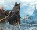 Geralt w zbroi, która wygląda jak najlepszy rynsztunek z Wiedźmina 3, na tle zimowego krajobrazu z zamkiem na górze.