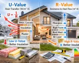 Ilustración comparativa de U-Value y R-Value en aislamiento de casas. Muestra cómo la lana de vidrio y otros materiales evitan la transferencia de calor, destacando la importancia de un buen aislamiento para el confort y la eficiencia energética, como ...