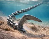 Un type d'ancre en métal s'enfonce dans le sable sous l'eau, une chaîne épaisse s'étendant vers la surface.