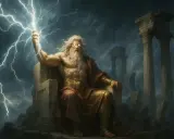 Zeus, der König der Götter, thront mit Blitz in der Hand. Seine Macht und die Bedeutung von Zeus spiegeln sich in der stürmischen, dramatischen Szenerie wider.