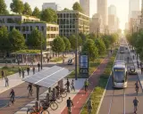 Ejemplos de movilidad sostenible: tranvía, bicicletas, coches eléctricos y edificios verdes en una ciudad futurista.