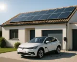 Coche eléctrico blanco cargando en casa con placas solares en el tejado.