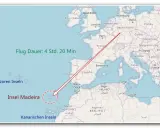 Flugroute von Mitteleuropa zur Insel Madeira, die zu Portugal gehört. Flugdauer 4 Std. 20 Min.