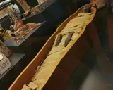 Mumifikacja w starożytnym Egipcie: zmumifikowane ciało w sarkofagu, obok artefakty.