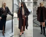 Tre donne sfoggiano outfit eleganti. Il marrone e fucsia stanno bene insieme, come dimostrano i dettagli in pelle e i collant.