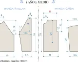 Patrones para tejer jersey niño 4 años: manga raglán y manga caída, con medidas detalladas.