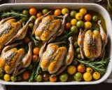 Cinq coquelets au four dorés, accompagnés de tomates cerises multicolores et de romarin frais, dans un plat blanc.