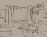 Eine Skizze zeigt ein gemütliches Wohnzimmer, das Kinder gezeichnet haben. Ein Bett, ein Sofa und ein Couchtisch sind zu sehen.