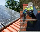 Två bilder visar installation av solceller. Till vänster syns solpaneler på ett tak. Till höger monterar två personer solpaneler, redo att generera solceller kwh.