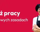 Uśmiechnięta osoba w stroju kucharskim, z napisem "Staż pracy na nowych zasadach". Idealne miejsce na umowę zlecenie do stażu pracy.