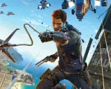 Rico Rodriguez z Just Cause 5 w akcji, z pistoletem i hakiem, na tle tropikalnego miasta i nieba pełnego helikopterów.