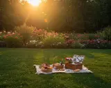 Ein idyllischer Picknickplatz im Abendlicht, umgeben von bunten Blumen. Perfekt für Berlin Geheimtipps abseits des Trubels.