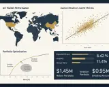 Visualizing art finance: world map of art market performance, auction results vs. artist index, portfolio optimization, and key financial metrics.