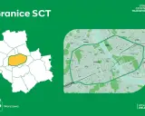 Mapa Warszawy z zaznaczoną Strefą Czystego Transportu. Polska naklejka ekologiczna informuje o granicach SCT.