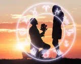 Zodiakalny horoskop na dziś waga miłosny: mężczyzna klęczy z kwiatami przed kobietą, otoczeni kręgiem znaków zodiaku na tle zachodzącego słońca.