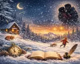 Una poesia d'inverno breve: un bambino tira una slitta, una coppia si bacia sotto la luna, una volpe dorme vicino a una baita.