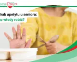 Dłoń odpycha jedzenie, symbolizując wstręt do jedzenia u dorosłych. Senior nie chce jeść.