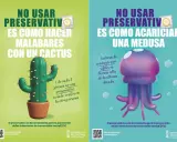 Carteles advierten: no usar preservativo es peligroso. Uno muestra un cactus, otro una medusa. La prevención de la clamidia es clave.
