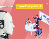 Głowa robota obok ludzi przy stole, symbolizująca 20 zawodów, które znikną przez AI.