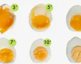 Huevos cocidos en diferentes tiempos (3 a 12 minutos), mostrando la evolución de la yema líquida a firme. La cuisson des oeufs perfecta para cada gusto.