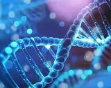 Niebieska podwójna helisa DNA, symbolizująca genetyczne podstawy, rodzi pytanie: czy autyzm jest dziedziczny?