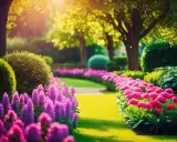 Un chemin de jardin bordé de fleurs roses et violettes, baigné par la lumière dorée du soleil. Une pensée fleurie pour une promenade paisible.