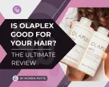 Olaplex Behandlung beim Friseur: Zwei Flaschen Olaplex No.4 und No.5 werden gehalten. Die Frage "Is Olaplex good for your hair?" wird thematisiert.