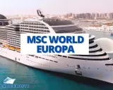 MSC World Europa, un gigante dei mari, attracca con un getto d'acqua festoso. Il ponte 16 offre una vista mozzafiato.