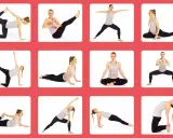 En kvinna utför olika yogapositioner. Bilden kan användas för guidad meditation på svenska.
