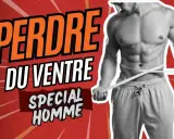 Homme musclé mesurant sa taille pour maigrir du ventre. Le texte "Perdre du ventre spécial homme" est affiché.