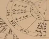 Zbliżenie na papier z symbolami i liczbami, ukazujące astrologia wedyjska kosmogram.
