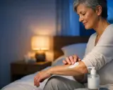 Donna anziana applica crema sul braccio per alleviare il prurito notturno nel letto. Luce soffusa da una lampada da comodino.