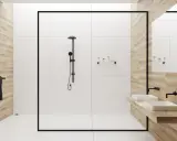 Modernes Badezimmer mit Dusche und Doppelwaschbecken. Ein durchlauferhitzer für dusche und waschbecken sorgt für warmes Wasser.