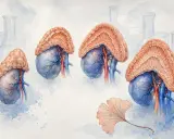 Anatomical illustration of adrenal glands atop kidneys. DHEA co to? Badania naukowe, symbolizują je szkice naczyń laboratoryjnych i liść miłorzębu.