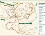 Mapa Karkonoszy i Gór Izerskich z zaznaczonym szlakiem na Szrenicę. Punkty turystyczne i szlaki piesze.