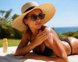Femme au chapeau de paille appliquant de la crème solaire pour comment bronzer vite, sur une serviette à la plage.
