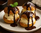 Trois profiteroles au chocolat, garnies de glace à la vanille et de sauce au chocolat, une touche de menthe pour parfaire cette recette.