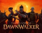 Pięcioro bohaterów, w tym wojownicy i istoty o mrocznym wyglądzie, stoi na tle krwistego nieba. Tytuł gry "The Blood of Dawnwalker" sugeruje epicką opowieść.