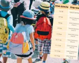 Dzieci z plecakami idą do szkoły. Tabela pokazuje, że 8 klasa to wiek 13-14 lat.