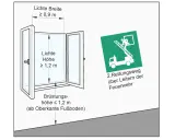 Maße für einen 2. Rettungsweg Fenster in Niedersachsen: Mindestbreite 0,9m, Mindesthöhe 1,2m. Brandschutzzeichen zeigt Feuerwehr mit Leiter.