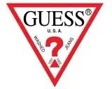 Logo Guess, marka premium, z charakterystycznym czerwonym trójkątem i znakiem zapytania.